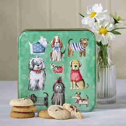 Embossed Dogs in Jumpers Biscuit Tin filled with ginger lemon cookies and clotted cream shortbread – Grandma Wild’s biscuits gift